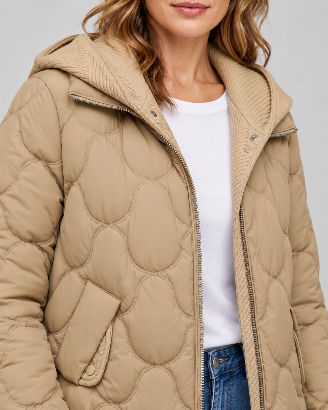 Women's Quilted Jacket with Ribbed Knit Hood and Snap Flap Pockets in Camel – Detail