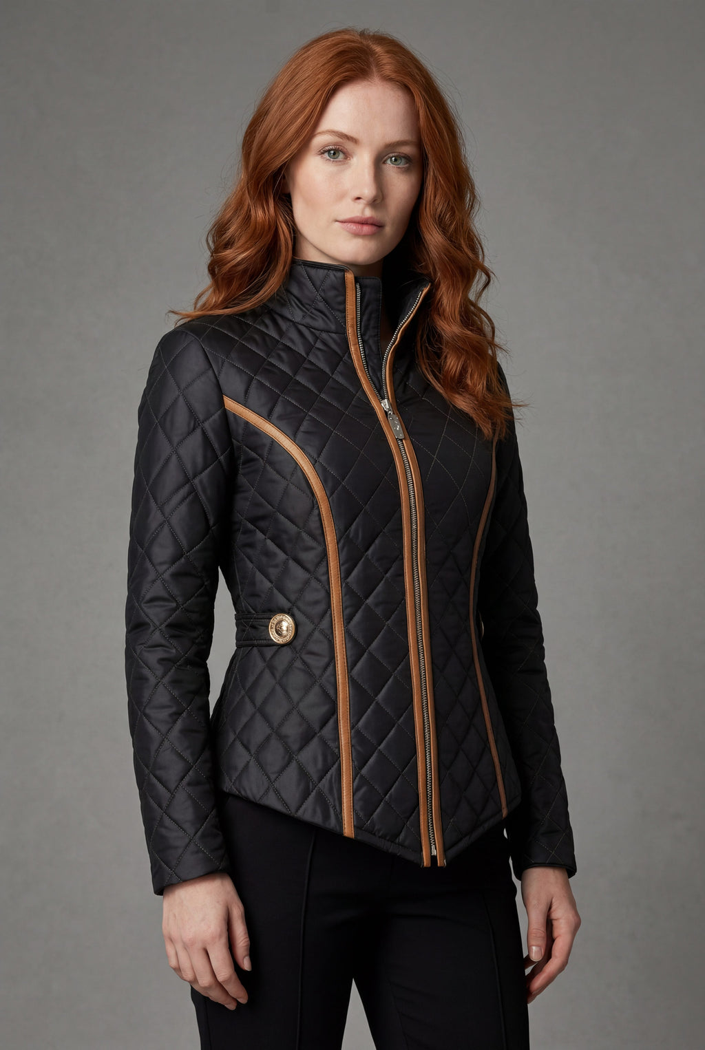 Women's Quilted Jacket with Zip Front and Stand Collar