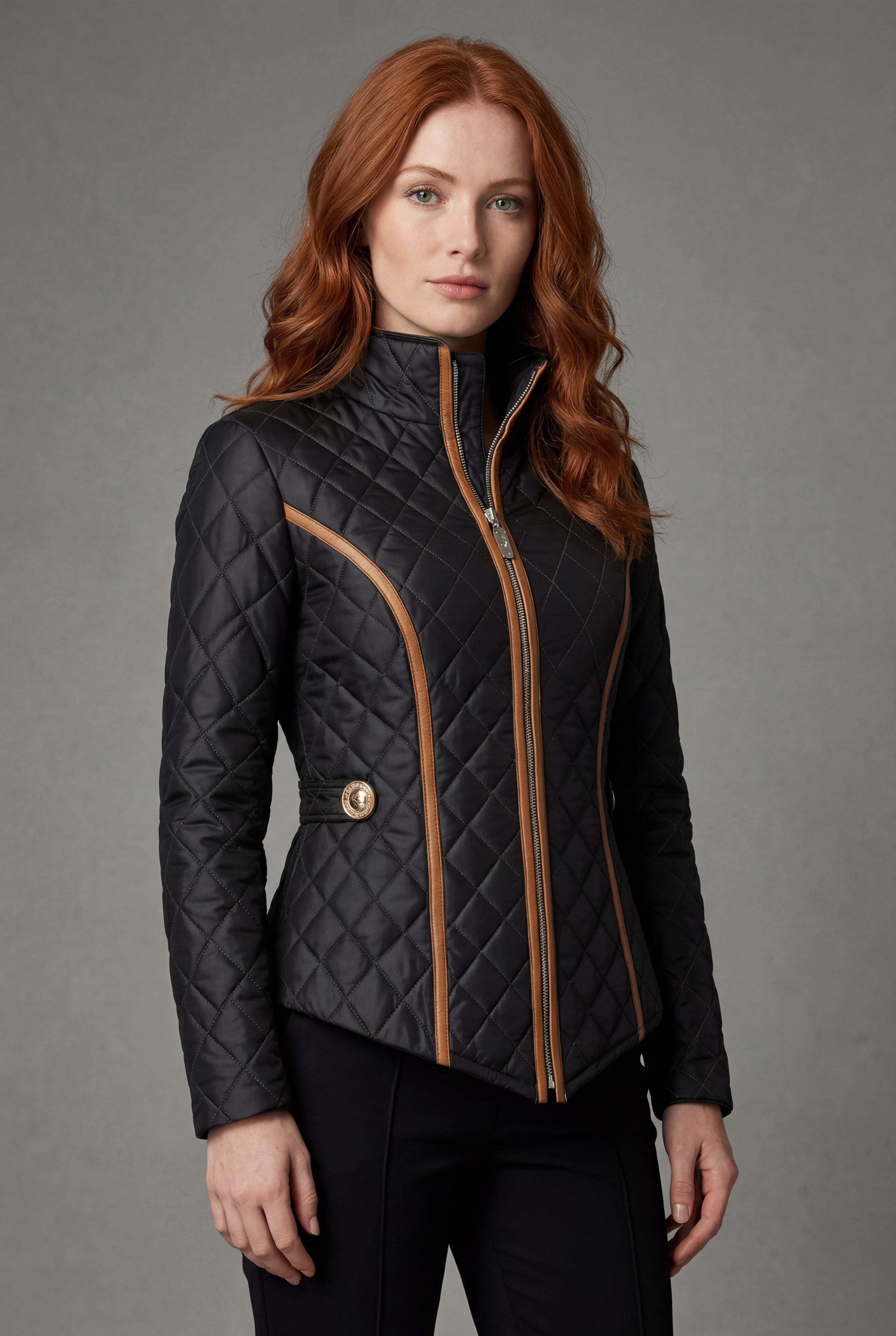 Women's Quilted Jacket with Zip Front and Stand Collar