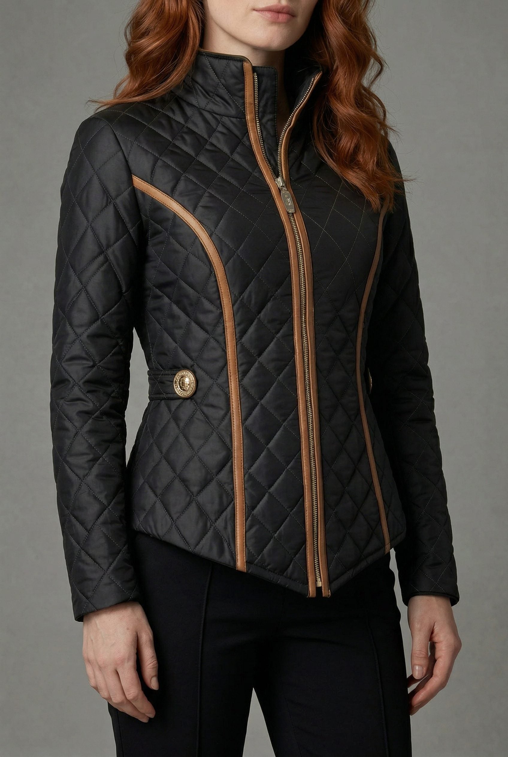 Women's Quilted Jacket with Zip Front and Stand Collar