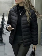 Women's Quilted Puffer Jacket with Zip Front and Stand Collar