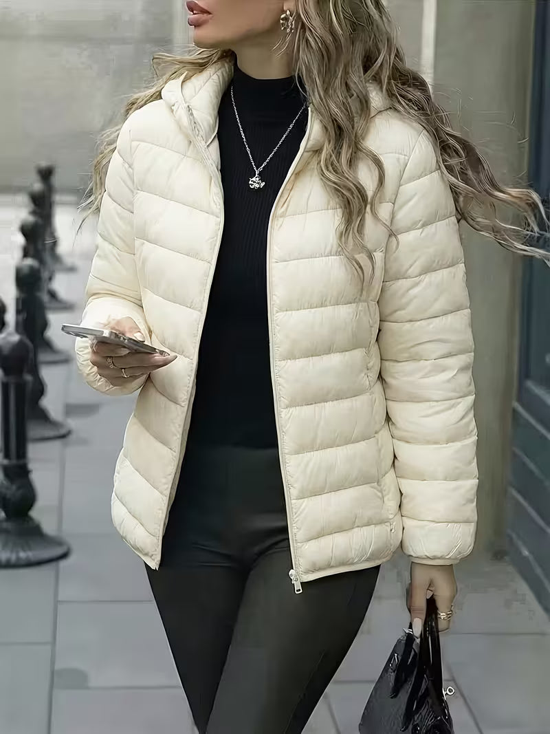 Women's Quilted Puffer Jacket with Zip Front and Stand Collar