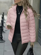 Women's Quilted Puffer Jacket with Zip Front and Stand Collar