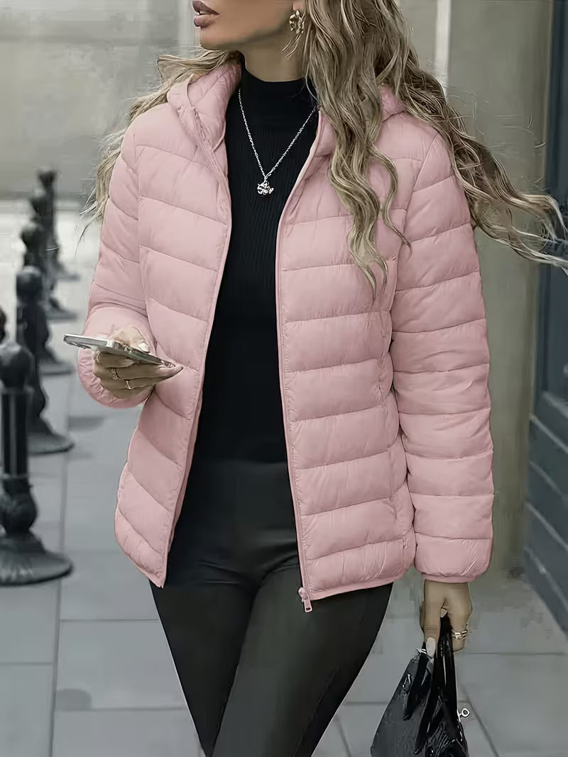 Women's Quilted Puffer Jacket with Zip Front and Stand Collar