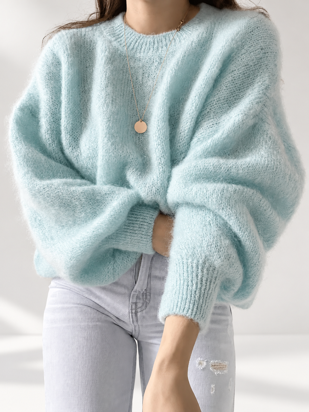 Blue women's knitted crew neck jumper — studio view 12