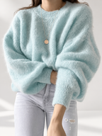 Blue women's knitted crew neck jumper — studio view 12