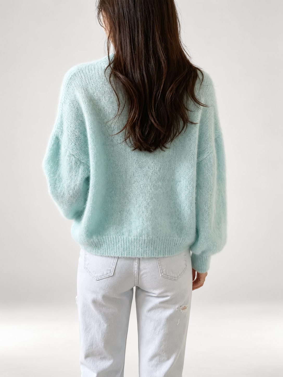 Blue women's knitted crew neck jumper — studio view 13