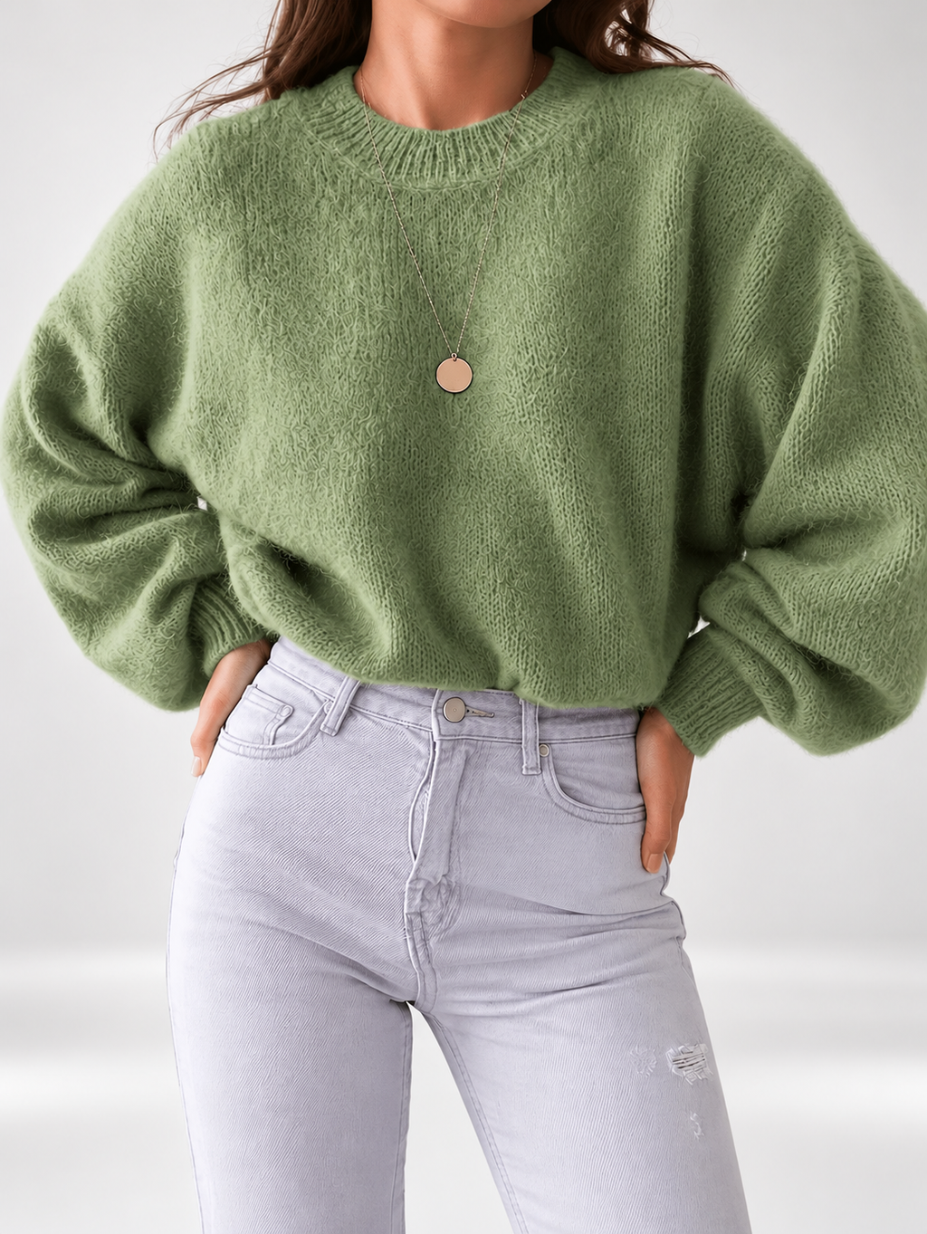 Green women's knitted crew neck jumper — studio view 3