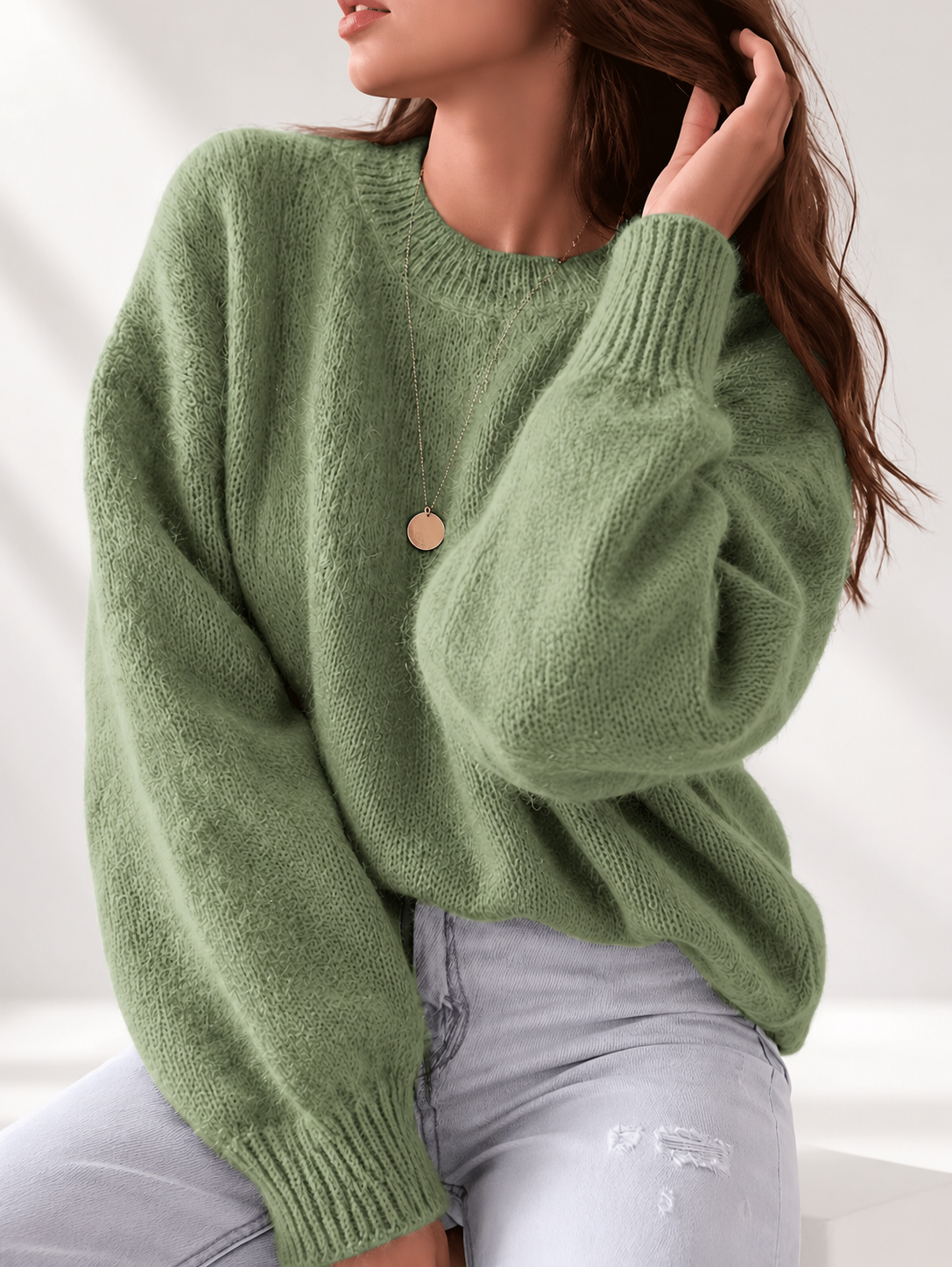 Green women's knitted crew neck jumper — studio view 4