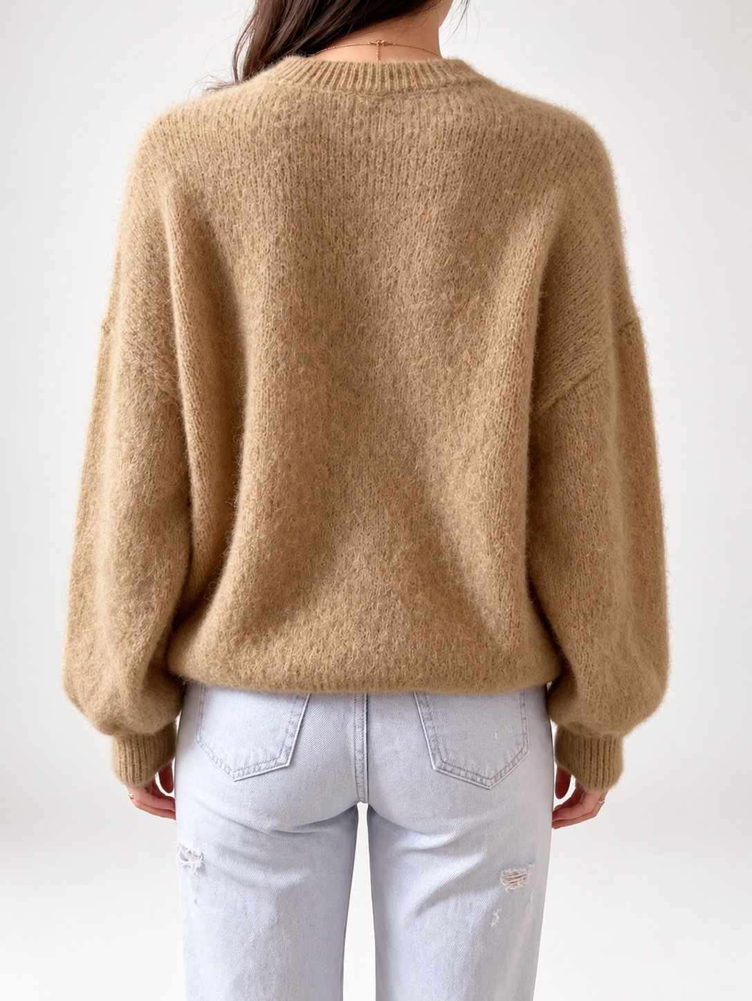 Khaki women's knitted crew neck jumper — studio view 15