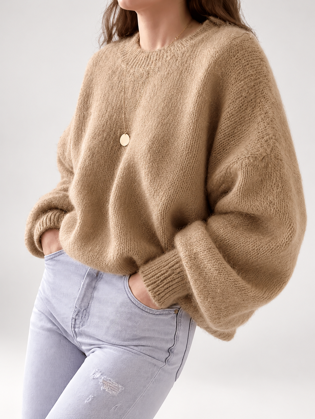 Khaki women's knitted crew neck jumper — studio view 16