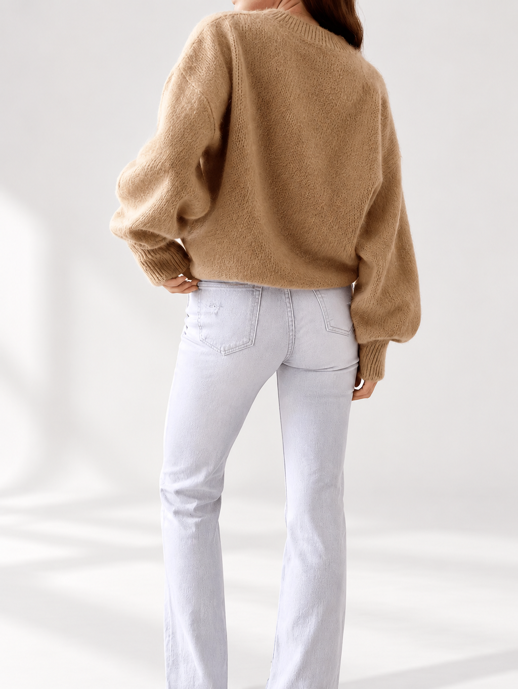 Khaki women's knitted crew neck jumper — studio view 17