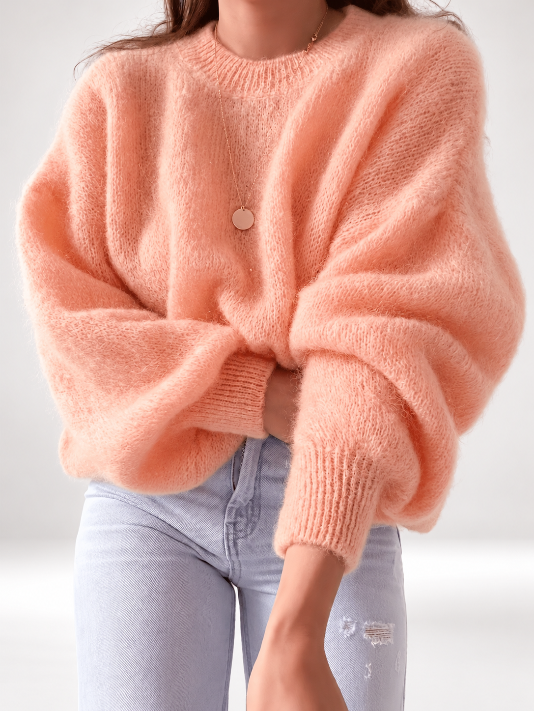 Orange women's knitted crew neck jumper — studio view 9