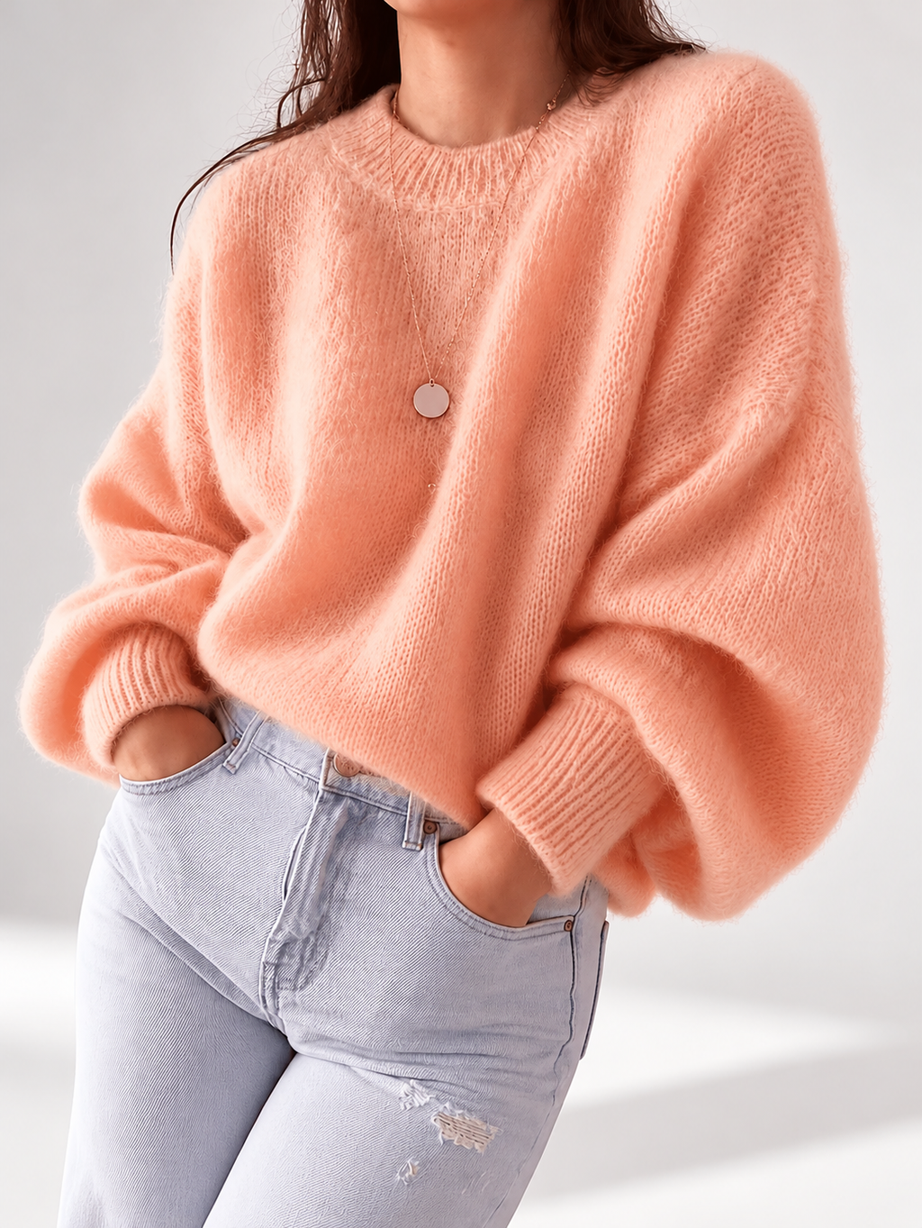 Orange women's knitted crew neck jumper — studio view 11