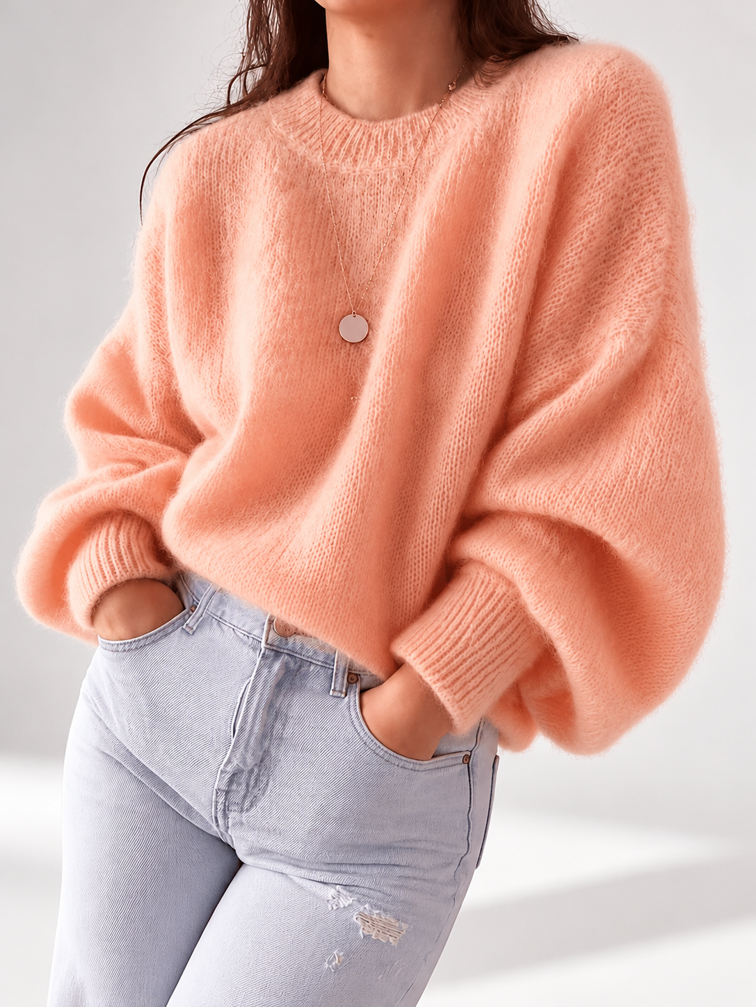 Orange women's knitted crew neck jumper — studio view 11