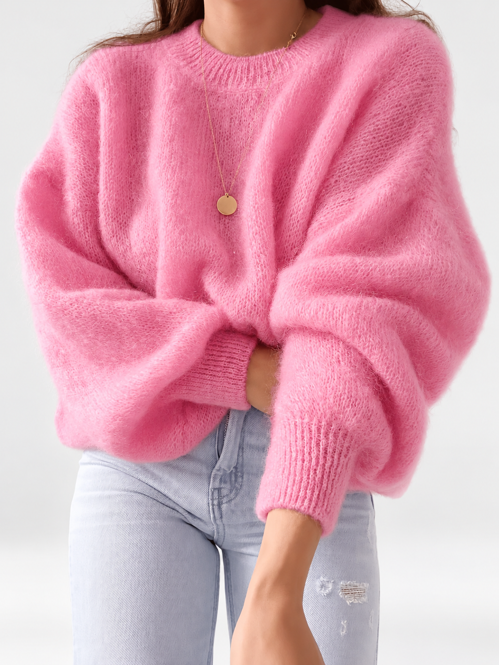 Pink women's knitted crew neck jumper — studio view 24