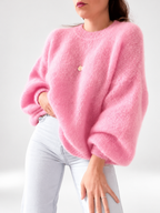 Pink women's knitted crew neck jumper — studio view 25