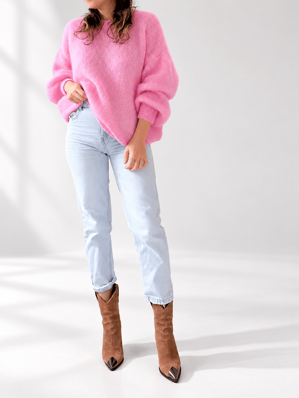 Pink women's knitted crew neck jumper — studio view 28