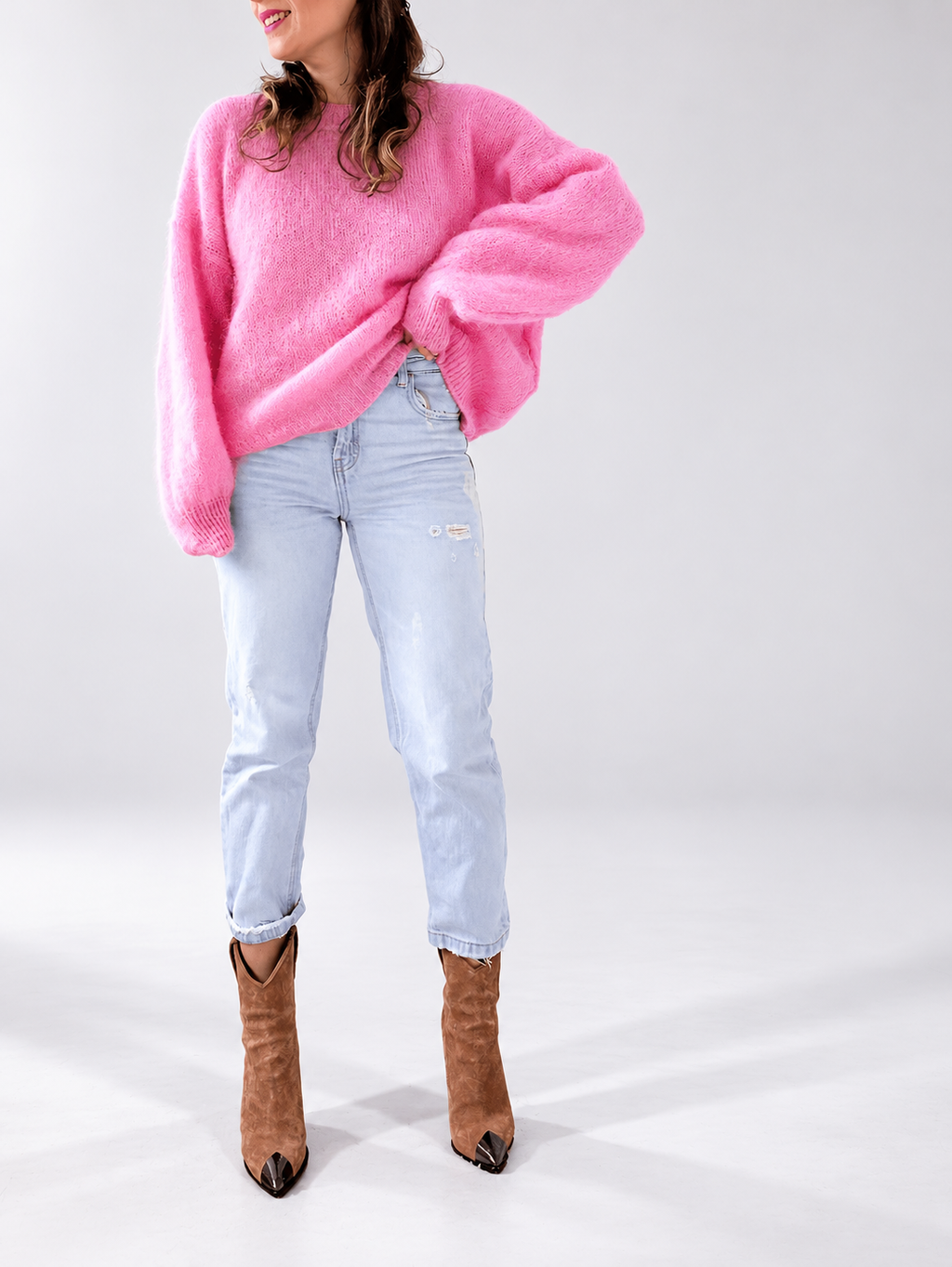 Pink women's knitted crew neck jumper — studio view 29