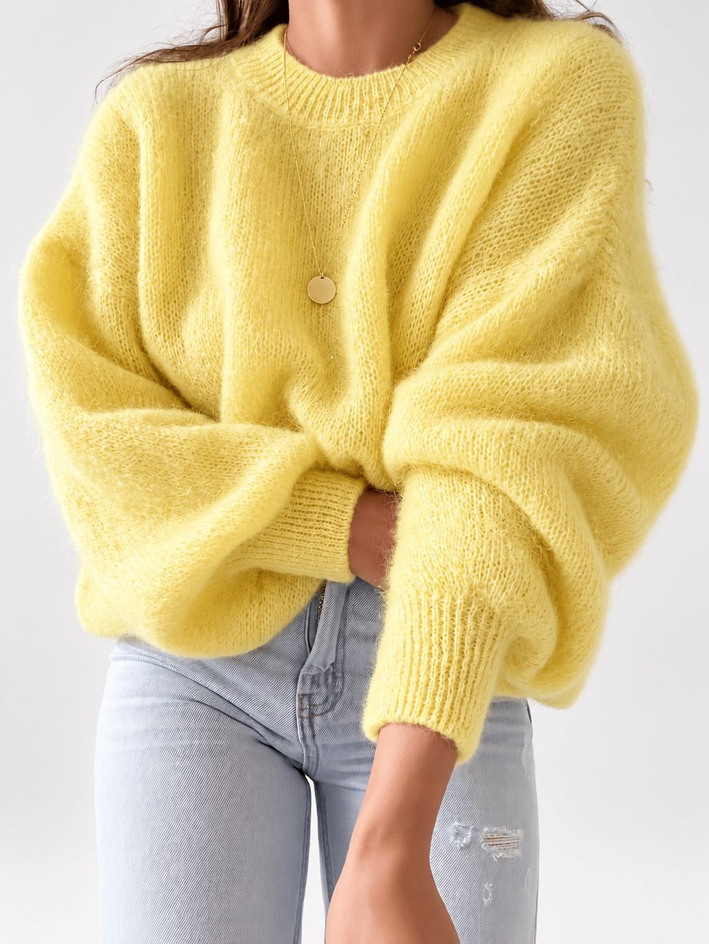 Yellow women's knitted crew neck jumper — studio view 18