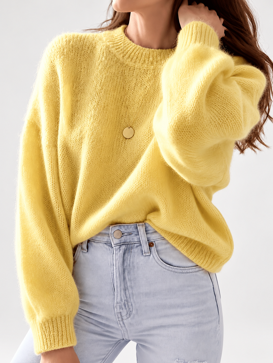 Yellow women's knitted crew neck jumper — studio view 20