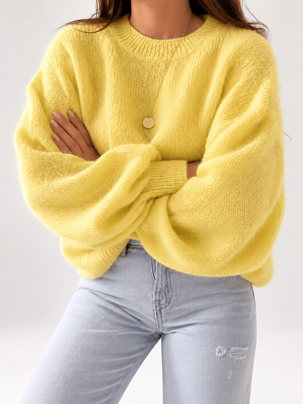 Yellow women's knitted crew neck jumper — studio view 21