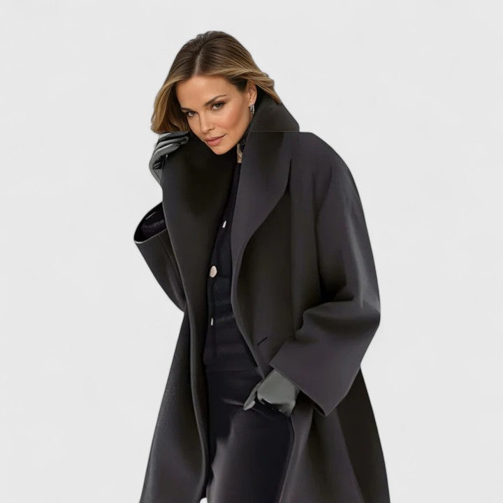 Women's Oversized Long Coat with Lapel Collar and Button Front