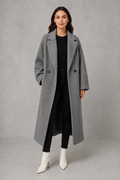 Women's Relaxed Fit Longline Double Breasted Wool Blend Coat with Notch Lapels in Grey – Front View