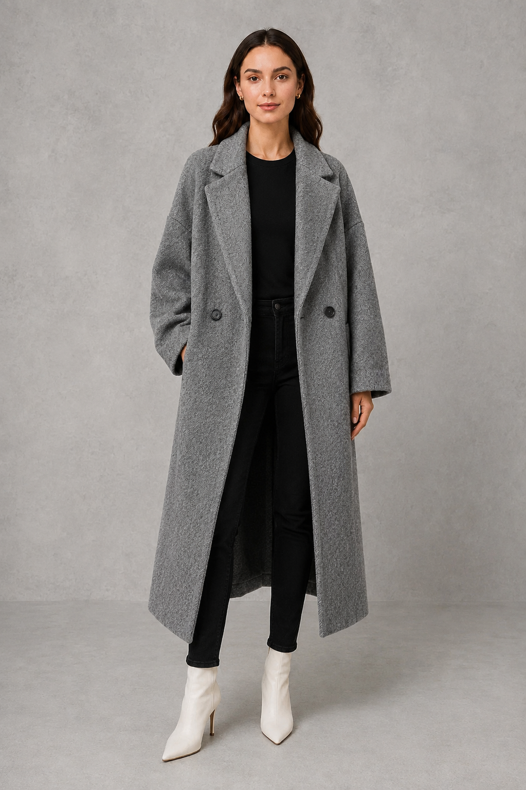 Women's Relaxed Fit Longline Double Breasted Wool Blend Coat with Notch Lapels in Grey – Front View