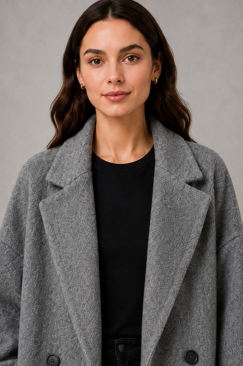 Women's Relaxed Fit Longline Double Breasted Wool Blend Coat with Notch Lapels in Grey – Detail View