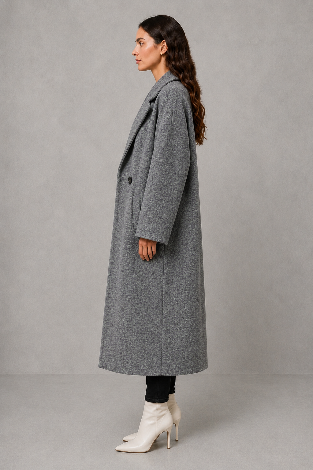 Women's Relaxed Fit Longline Double Breasted Wool Blend Coat with Notch Lapels in Grey – Side View