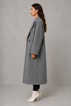 Women's Relaxed Fit Longline Double Breasted Wool Blend Coat with Notch Lapels in Grey – Side View
