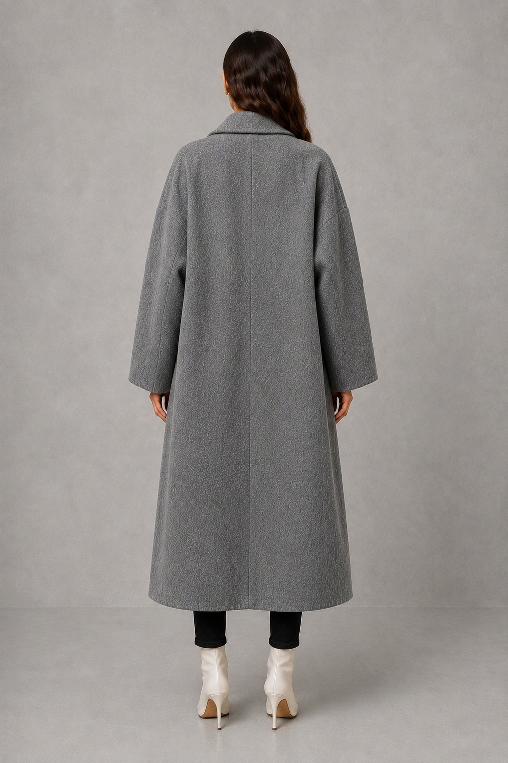 Women's Relaxed Fit Longline Double Breasted Wool Blend Coat with Notch Lapels in Grey – Back View