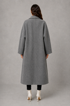 Women's Relaxed Fit Longline Double Breasted Wool Blend Coat with Notch Lapels in Grey – Back View