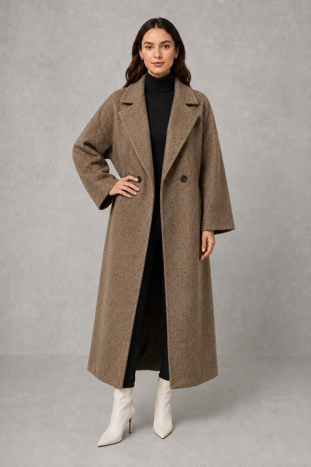 Women's Relaxed Fit Longline Double Breasted Wool Blend Coat with Notch Lapels in Brown – Front View
