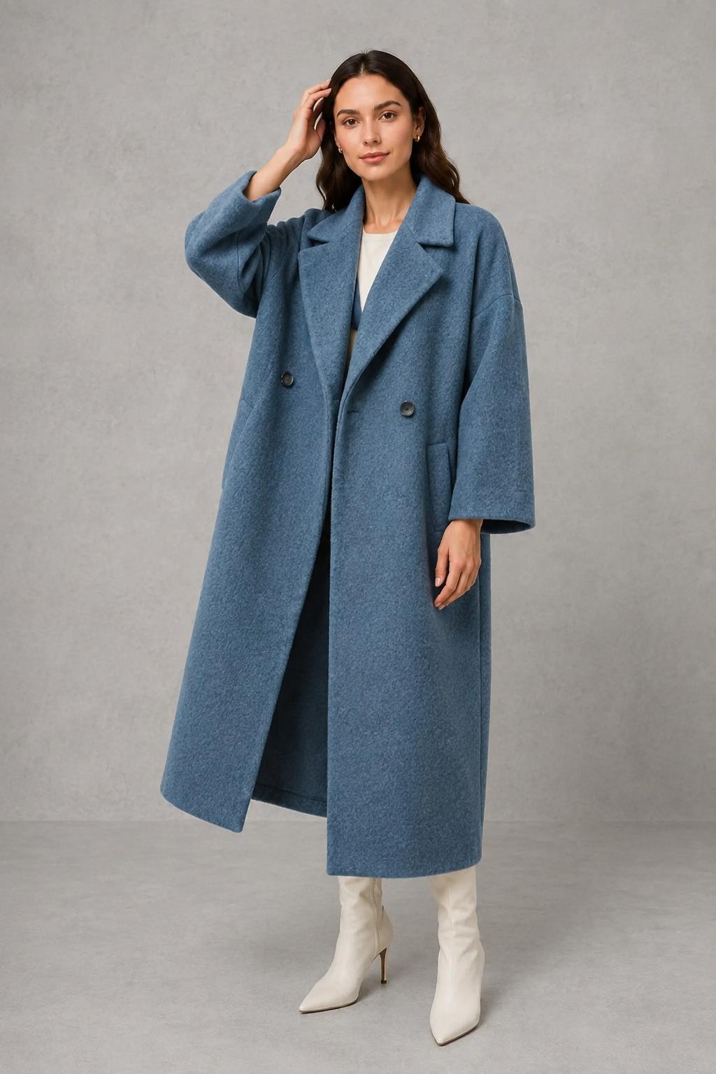 Women's Relaxed Fit Longline Double Breasted Wool Blend Coat with Notch Lapels in Blue – Front View