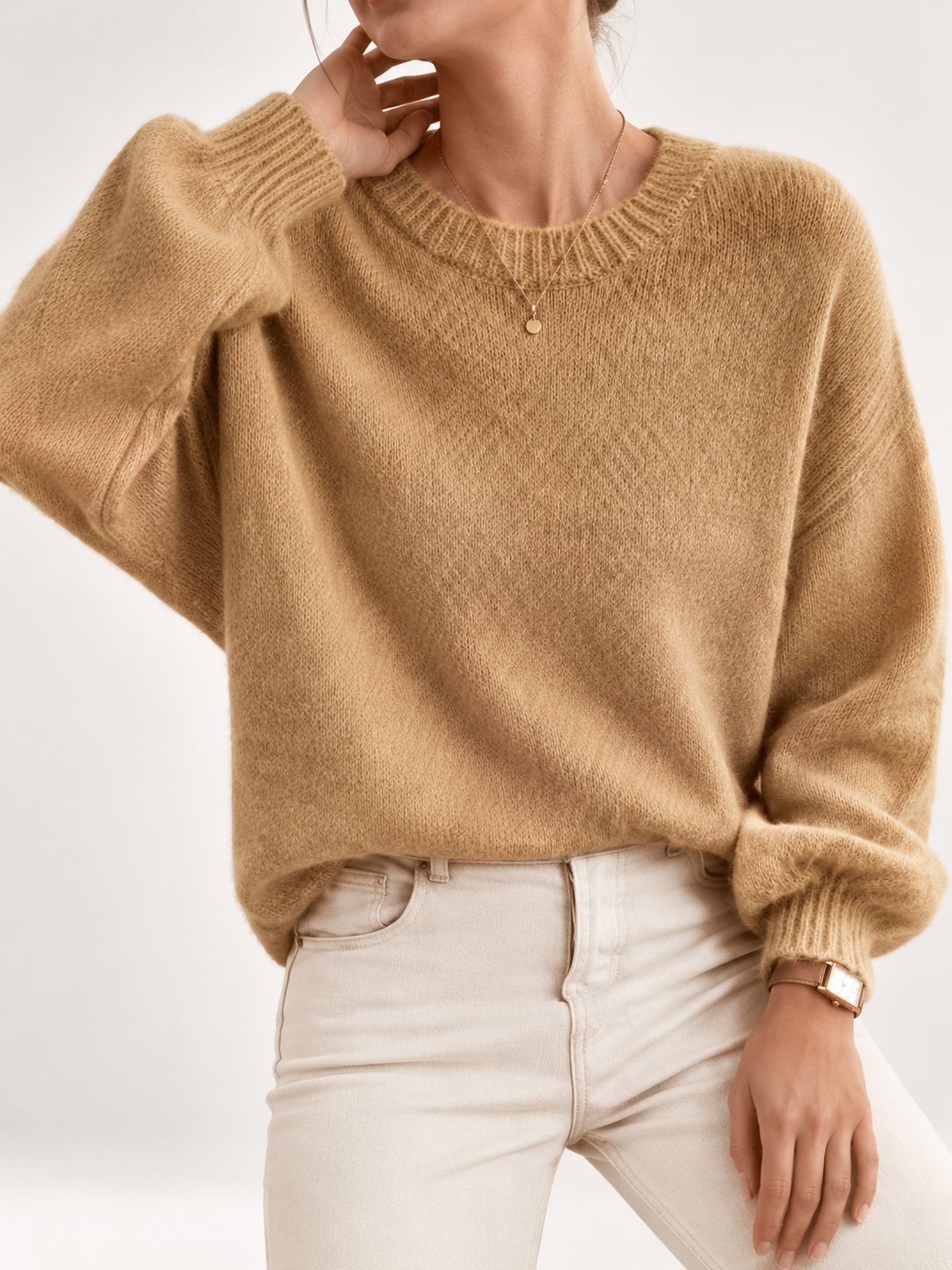 Women's Relaxed Fit Round Neck Knitted Jumper in Khaki