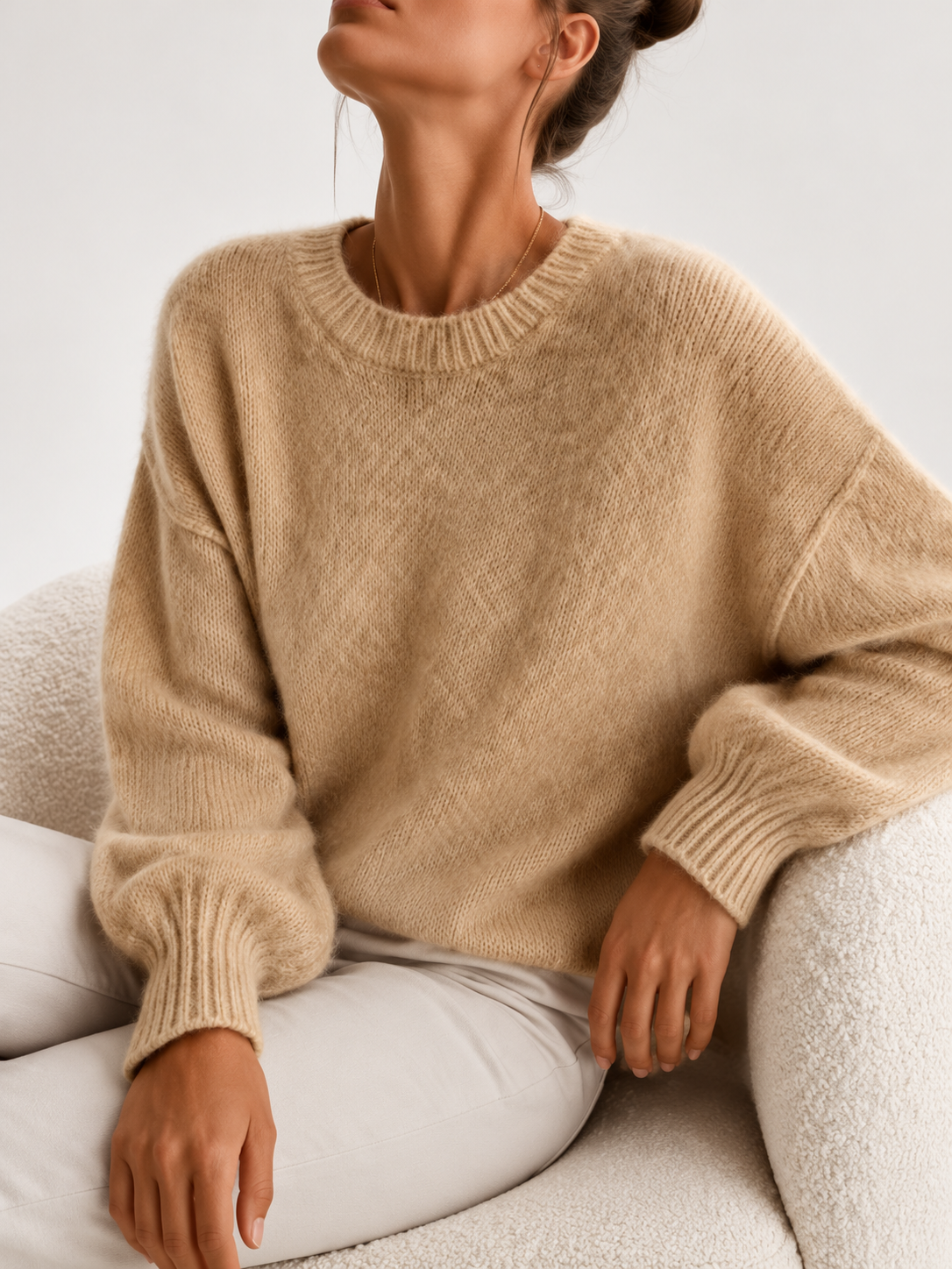 Women's Relaxed Fit Round Neck Knitted Jumper in Khaki