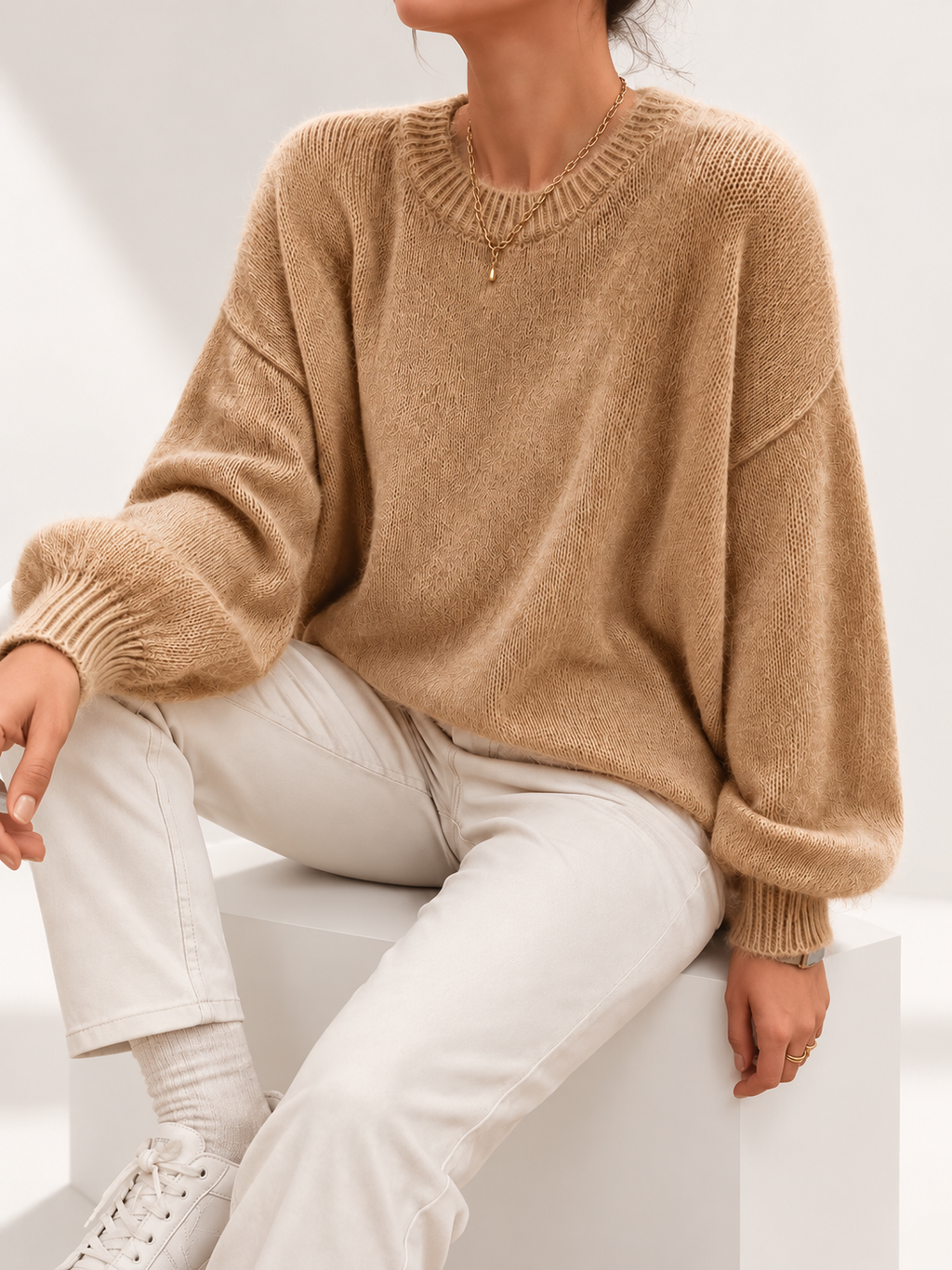 Women's Relaxed Fit Round Neck Knitted Jumper in Khaki