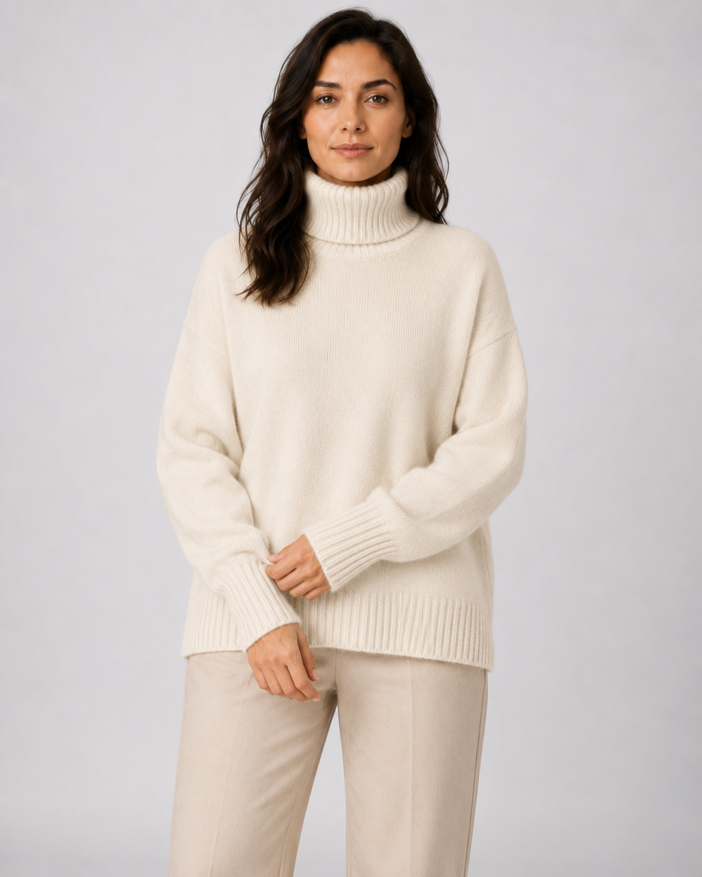 Women's Relaxed Fit Turtleneck Knit Jumper with Drop Shoulders and Ribbed Cuffs
