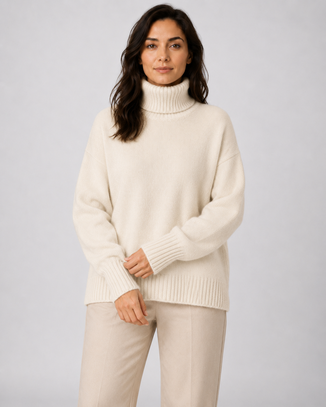 Women's Relaxed Fit Turtleneck Knit Jumper with Drop Shoulders and Ribbed Cuffs