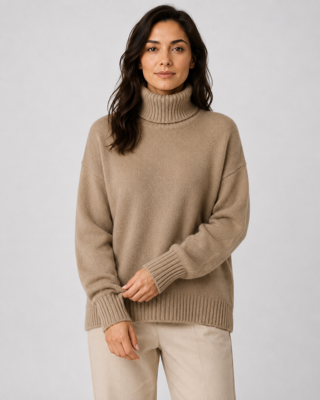 Women's Relaxed Fit Turtleneck Knit Jumper with Drop Shoulders and Ribbed Cuffs