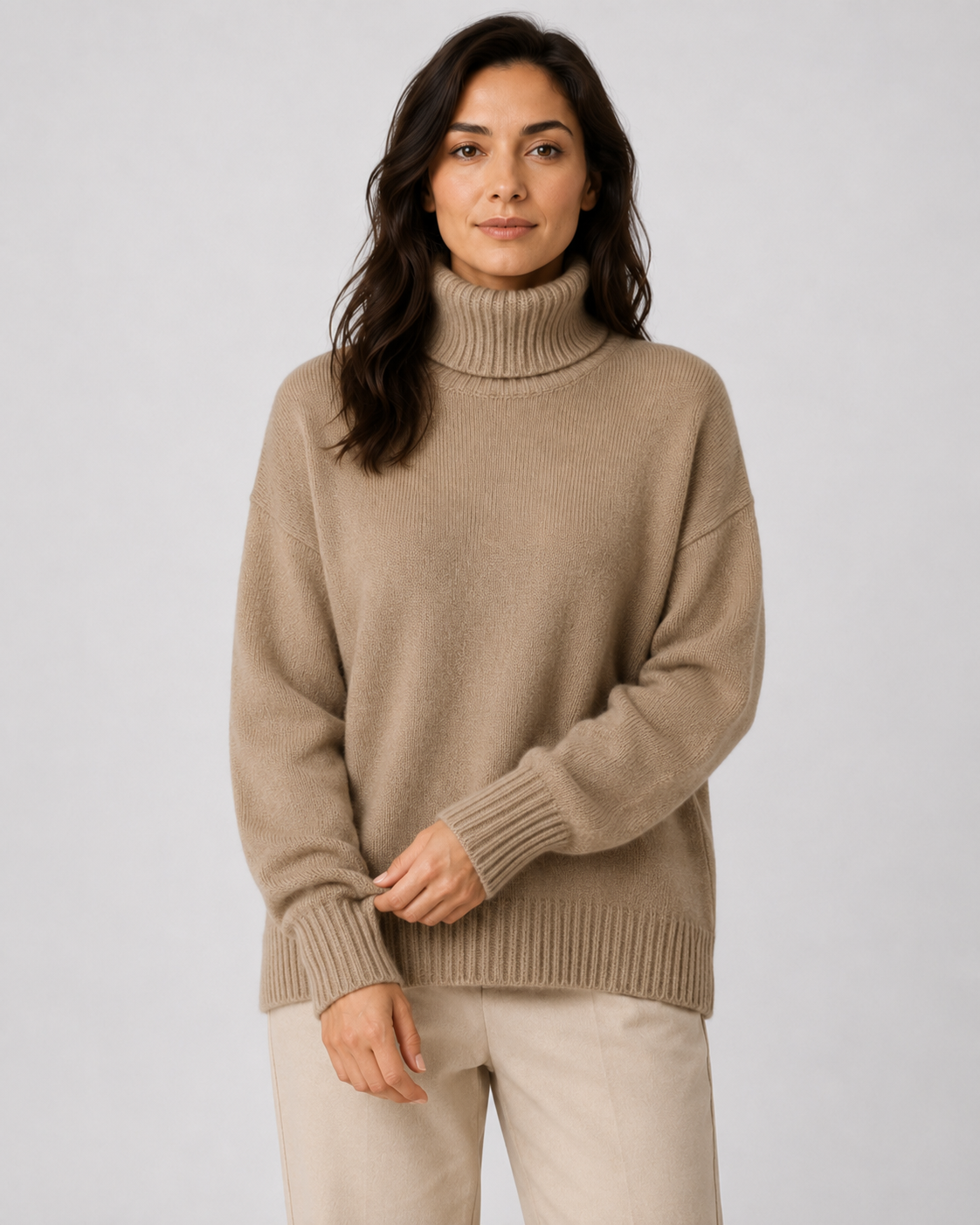 Women's Relaxed Fit Turtleneck Knit Jumper with Drop Shoulders and Ribbed Cuffs
