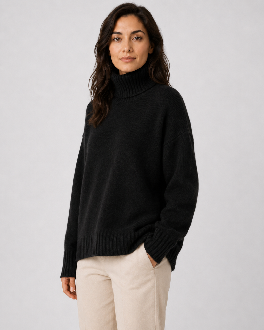 Women's Relaxed Fit Turtleneck Knit Jumper with Drop Shoulders and Ribbed Cuffs
