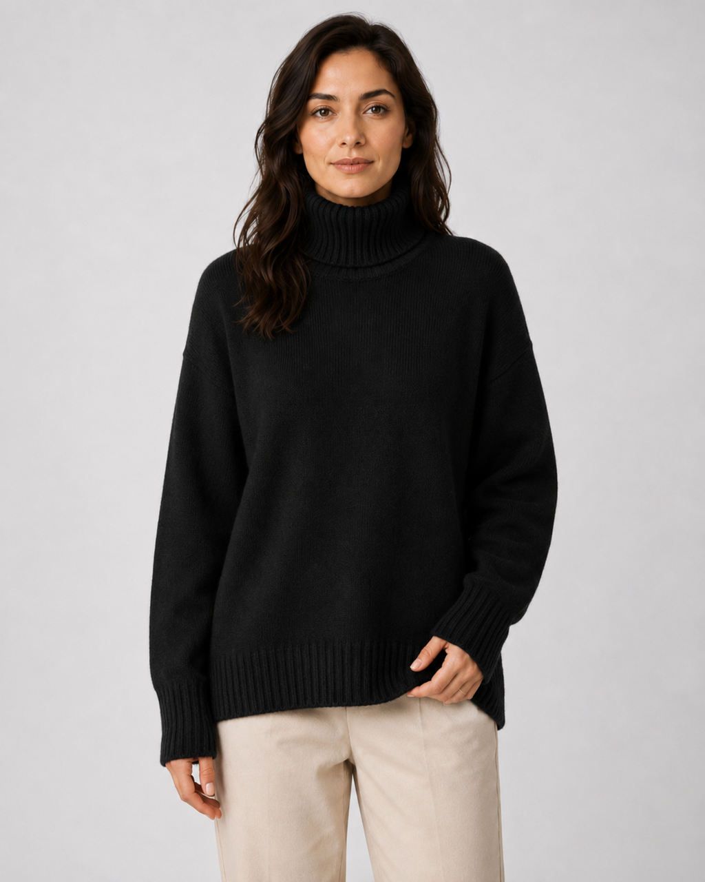 Women's Relaxed Fit Turtleneck Knit Jumper with Drop Shoulders and Ribbed Cuffs