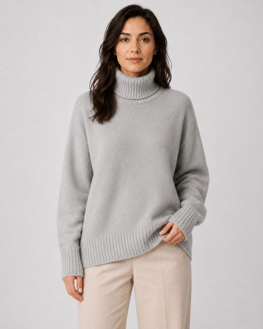 Women's Relaxed Fit Turtleneck Knit Jumper with Drop Shoulders and Ribbed Cuffs
