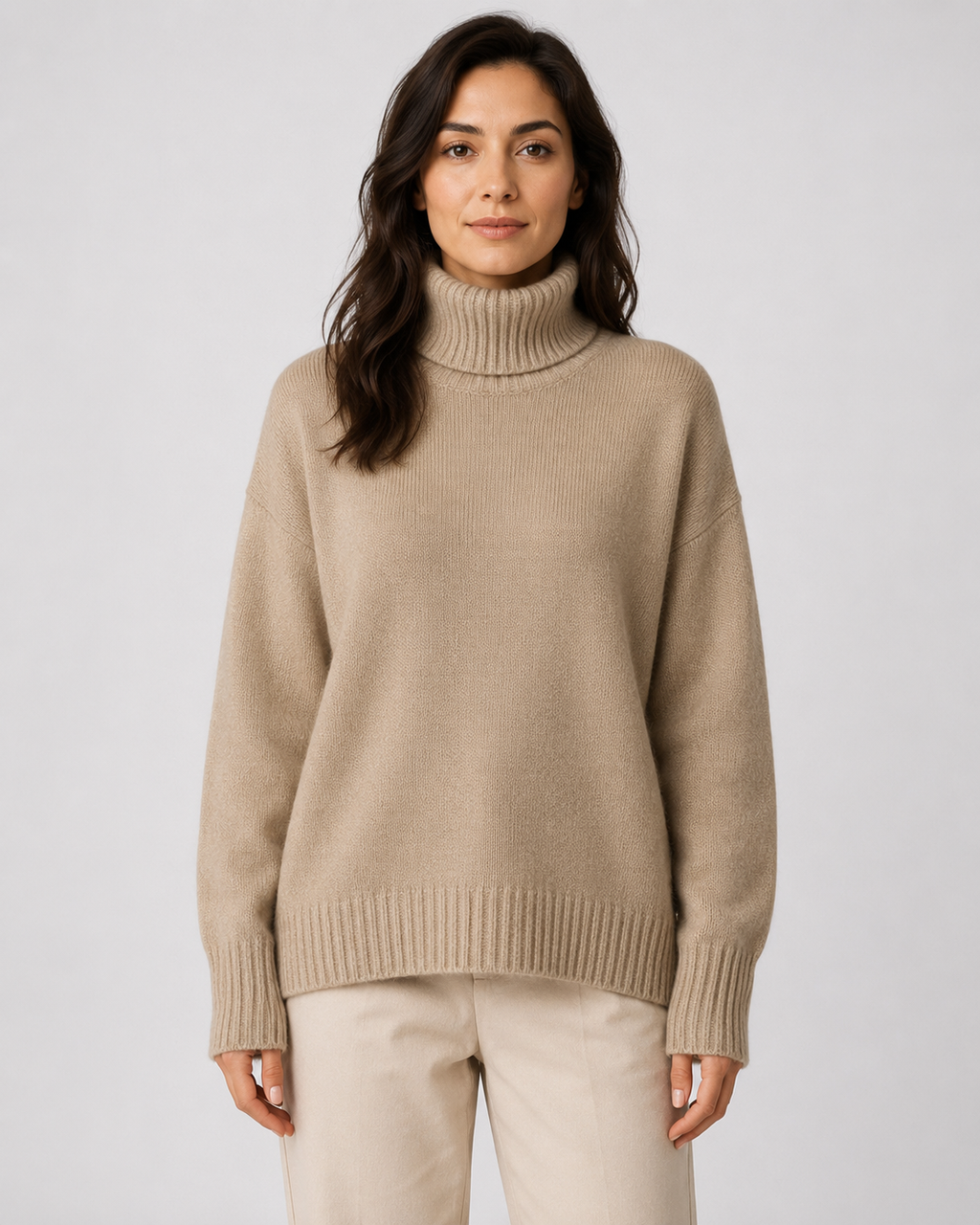 Women's Relaxed Fit Turtleneck Knit Jumper with Drop Shoulders and Ribbed Cuffs