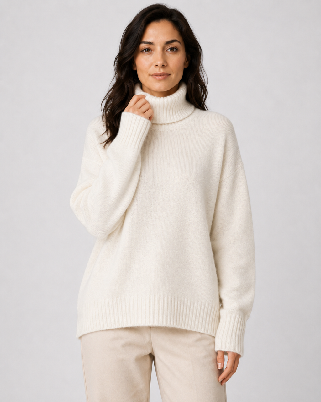 Women's Relaxed Fit Turtleneck Knit Jumper with Drop Shoulders and Ribbed Cuffs