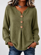 Women's Relaxed Knitted Jumper with Split Neck & Button Detail in Army Green – front view