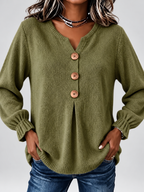 Women's Relaxed Knitted Jumper with Split Neck & Button Detail in Army Green – front detail